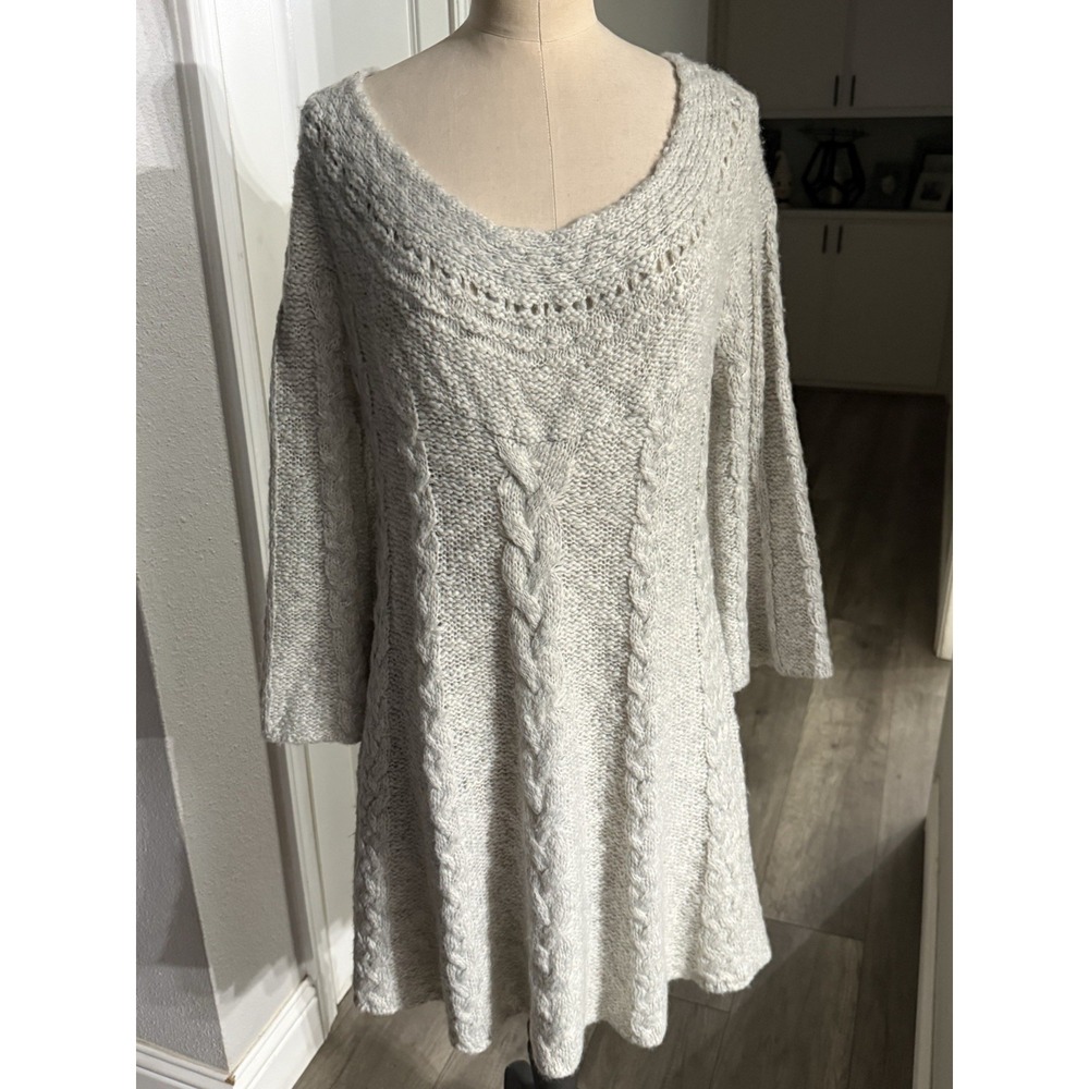 FREE PEOPLE Gray Cable Knit Bell Sleeve Wool Blend Tunic Sweater Mini Dress M